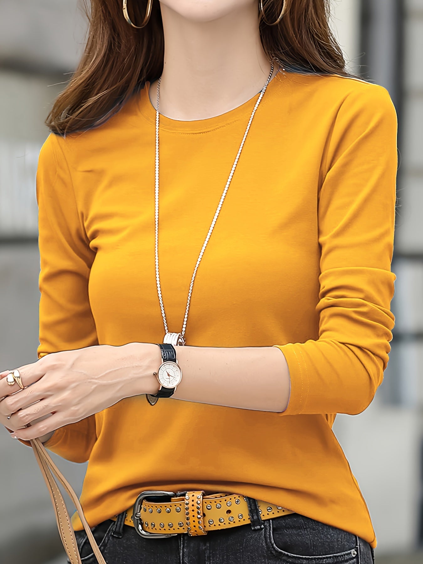 Women'S Elegant Crew Neck T-Shirt, 100% Polyester Knit Fabric, High Stretch Solid Color Top, Regular Length, 180gsm - Spring/Summer Fashion