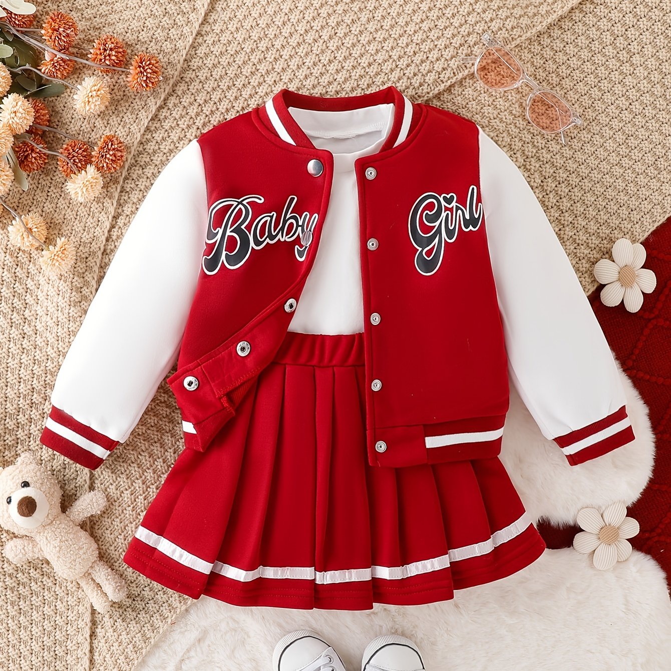 Preppy Style Girls 2pcs BABY GIRL Print Baseball Jacket + Pleated Skirt Outdoor Set For Party Sports Gift