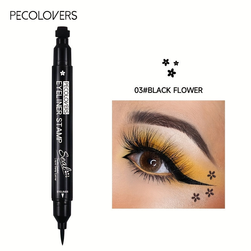 PECOLORVERS 2 in 1 Waterproof Black Liquid Eyeliner & Stamp Set - Alcohol Free, Quick-Drying Eye Makeup with Star, Moon, Heart, Flower Stamps