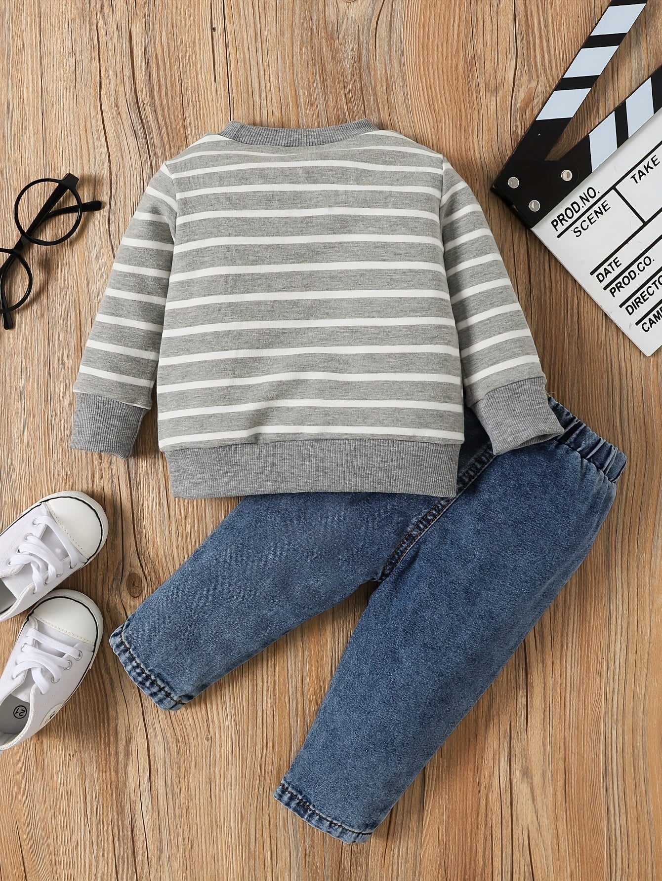 2pcs Infant Baby Boy Cute Striped Elephant Pattern Long Sleeve Top & Denim Trousers Outdoor Set For Spring And Autumn