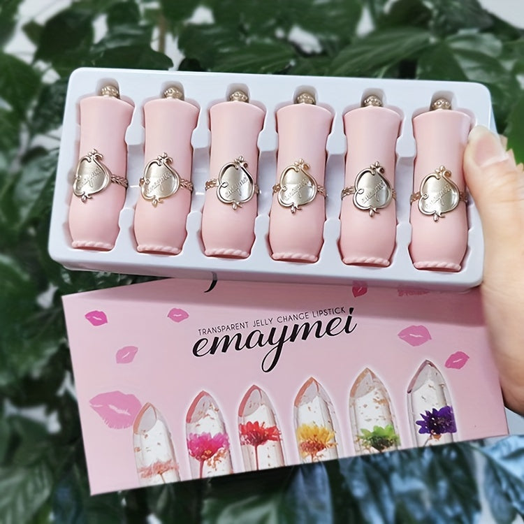 6-Piece Set of emaymei Vibrant Transparent Jelly Change Lipsticks - Featuring Crystal Golden Foil, Delicate Flower Petals, Shimmering Pink Hues, and Long-Lasting Moisturizing Formula for a Perfect Pout