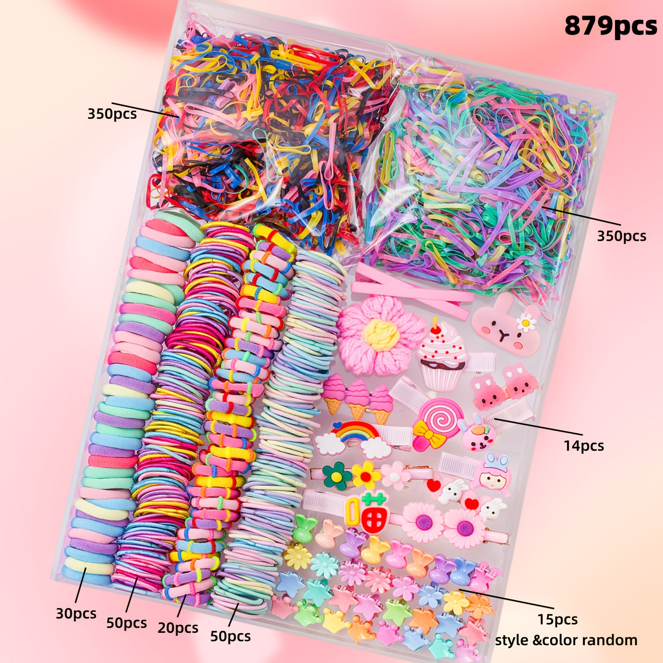 914/879/869/864/280pcs/set Kawaii Colorful Cartoon Hair Accessories Set, includes cartoon hair clips, claw clips, BB clips, rhinestone flower clips, various hair ties, scrunchies, and headbands - essential for daily cute styl