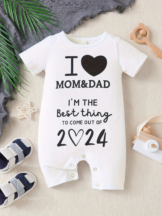 Baby Boys And Girls Casual "I Love My Mom & Dad" Printed Short Sleeve Romper, Cute Comfy Outdoor Jumpsuit Clothes