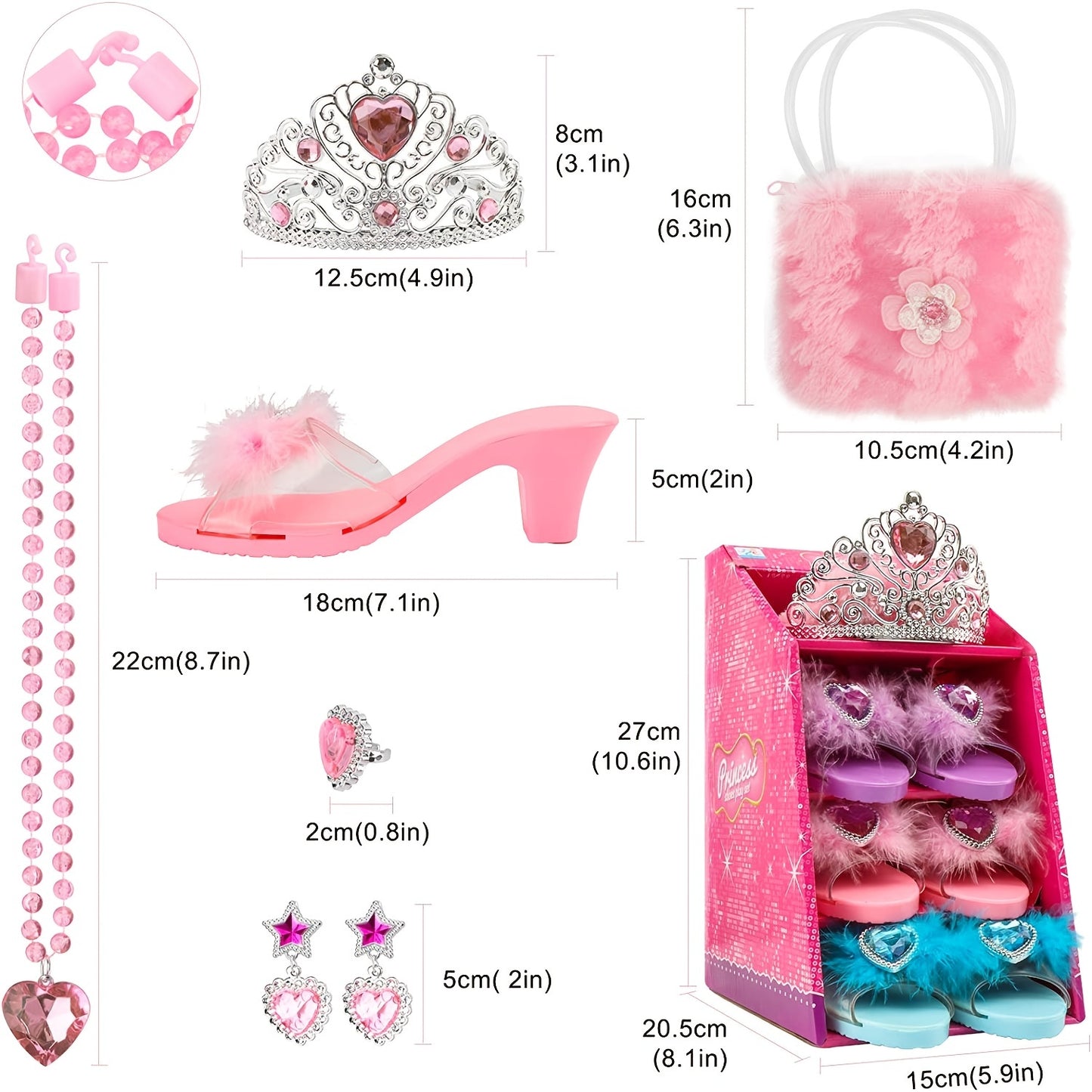 Princess Girl Dress-up Shoes, Role-playing Jewelry Toy Set 3 Pairs of Princess Shoes, Crown Earrings Necklace Ring Handbag Role-playing Shoe Set, Halloween Christmas Gift, Suitable for 3-6 Years Old