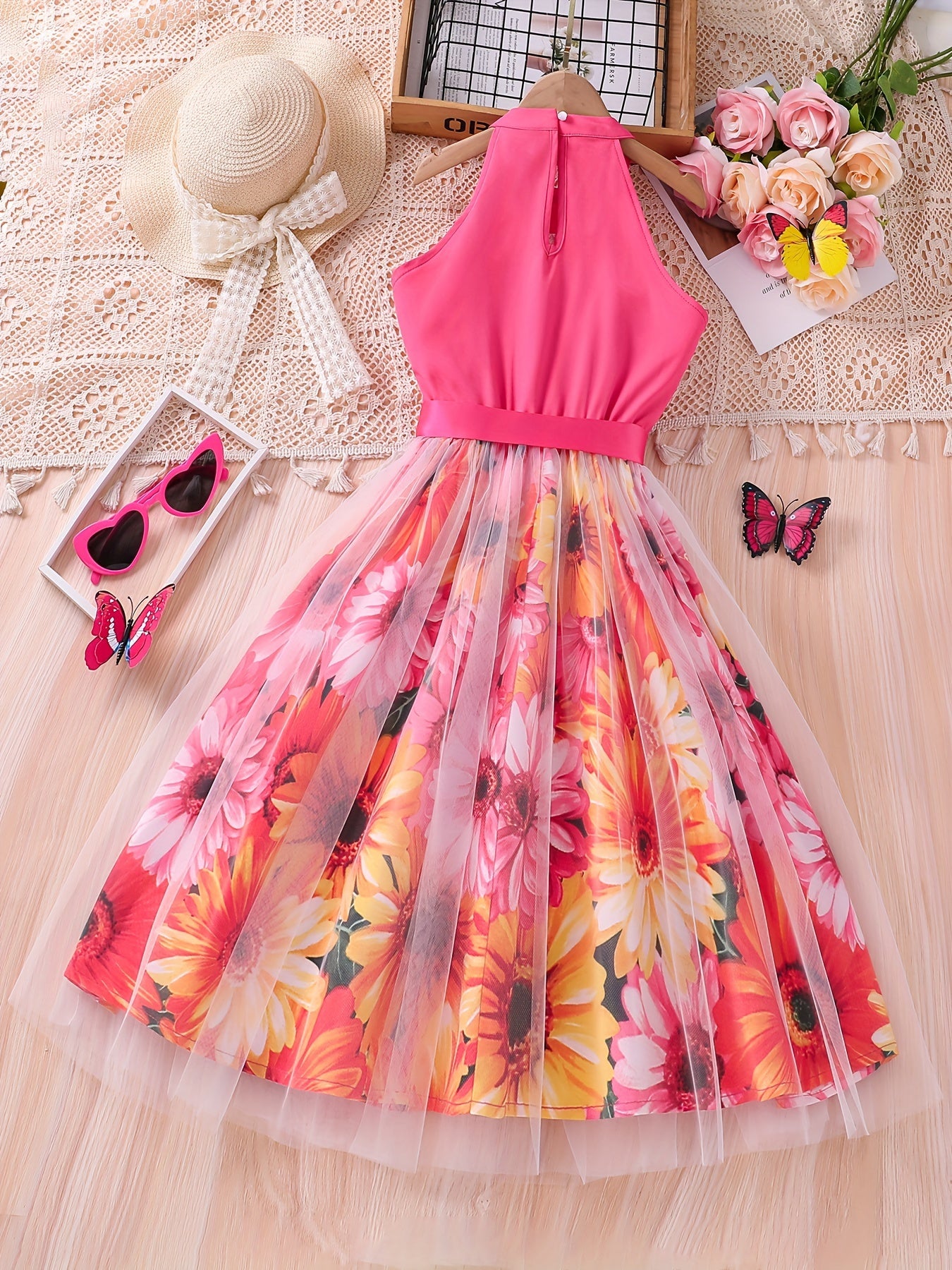 [Elegant Dress] Elegant Summer Party | Girls Splicing Flower Graphic Halter Neck Mesh Dress Tutu Dress | Gift