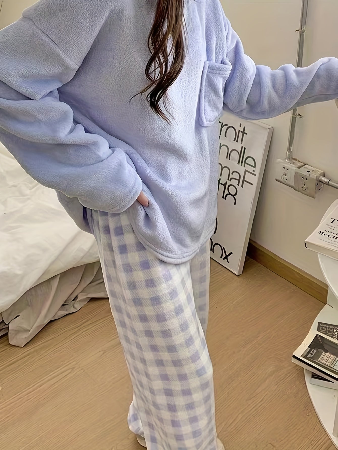 [Velvet Pajama] Winter Warm Velvet Pajama Set | Plaid Pattern Pajama, Solid Color Casual Home Wear Set