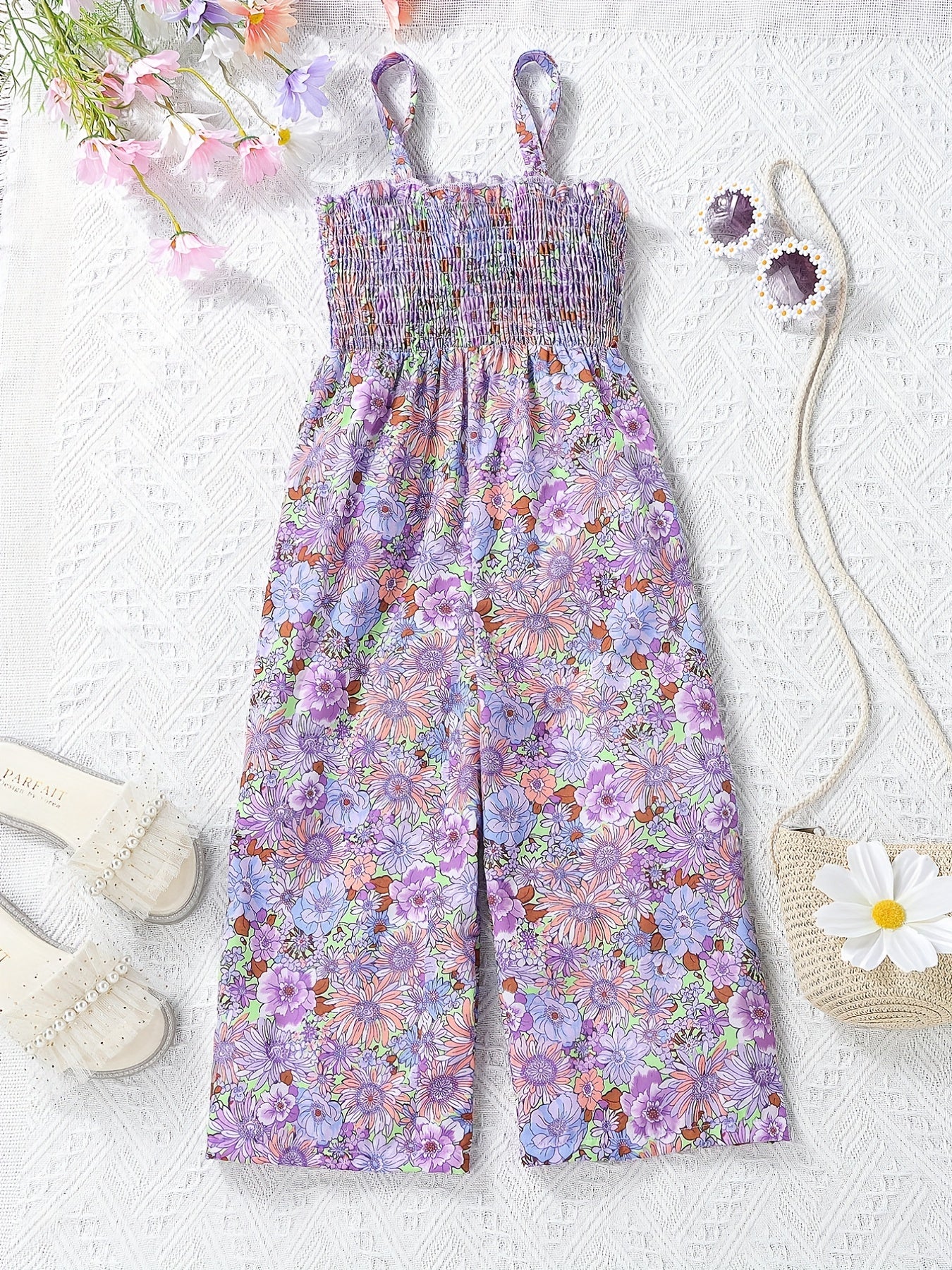 [Boho Flower Jumpsuit] Boho Flower Print Girls Shirred Cami Jumpsuit | For Going Out Party Holiday Kids Summer Clothes