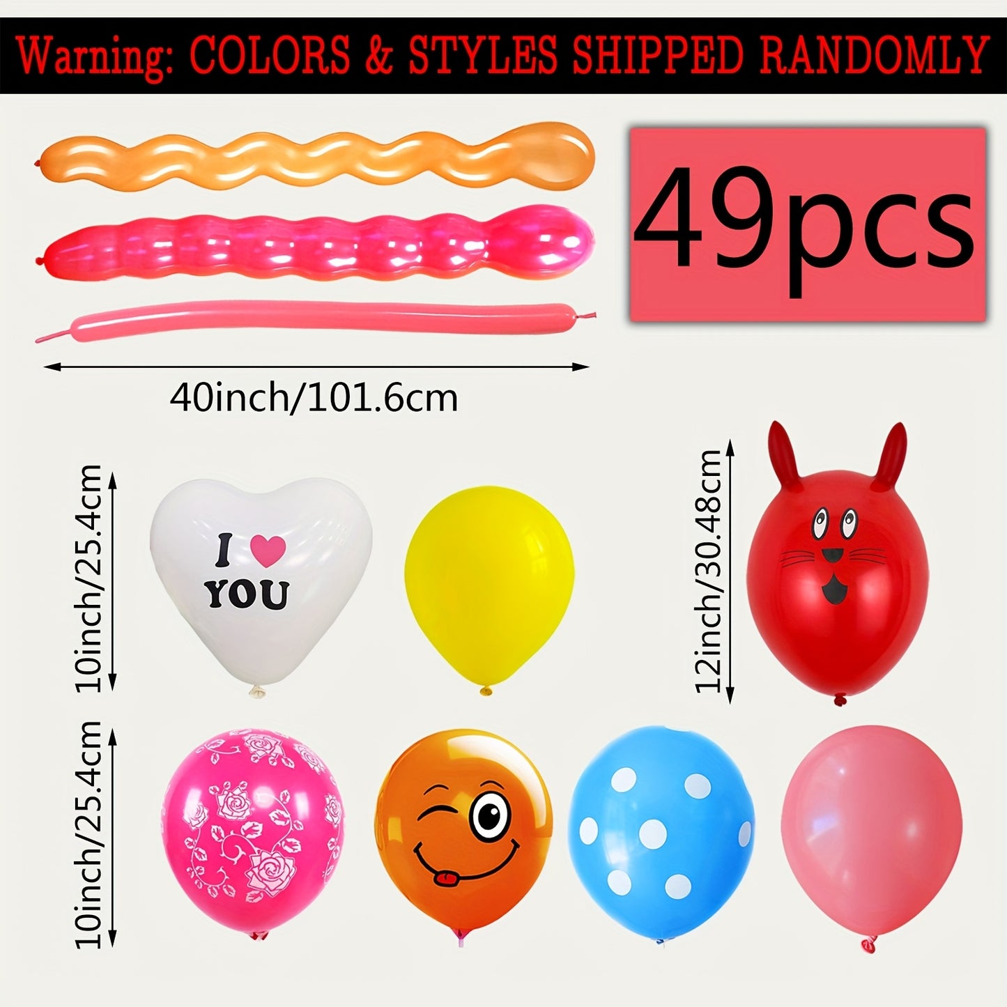 49pcs Mixed Color Balloon Set, Cartoon Animal Balloons Set, Premium Long Balloons, I LOVE YOU Heart Shaped Balloon, Flower Pattern Colorful Balloons, for Birthday, Party, Christmas, Halloween, Easter