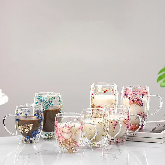 1pc Elegant Double-Walled Glass Coffee Mug with Dried Flower Detail - Thermal Insulated Drinkware for All Seasons - Ideal Birthday Present