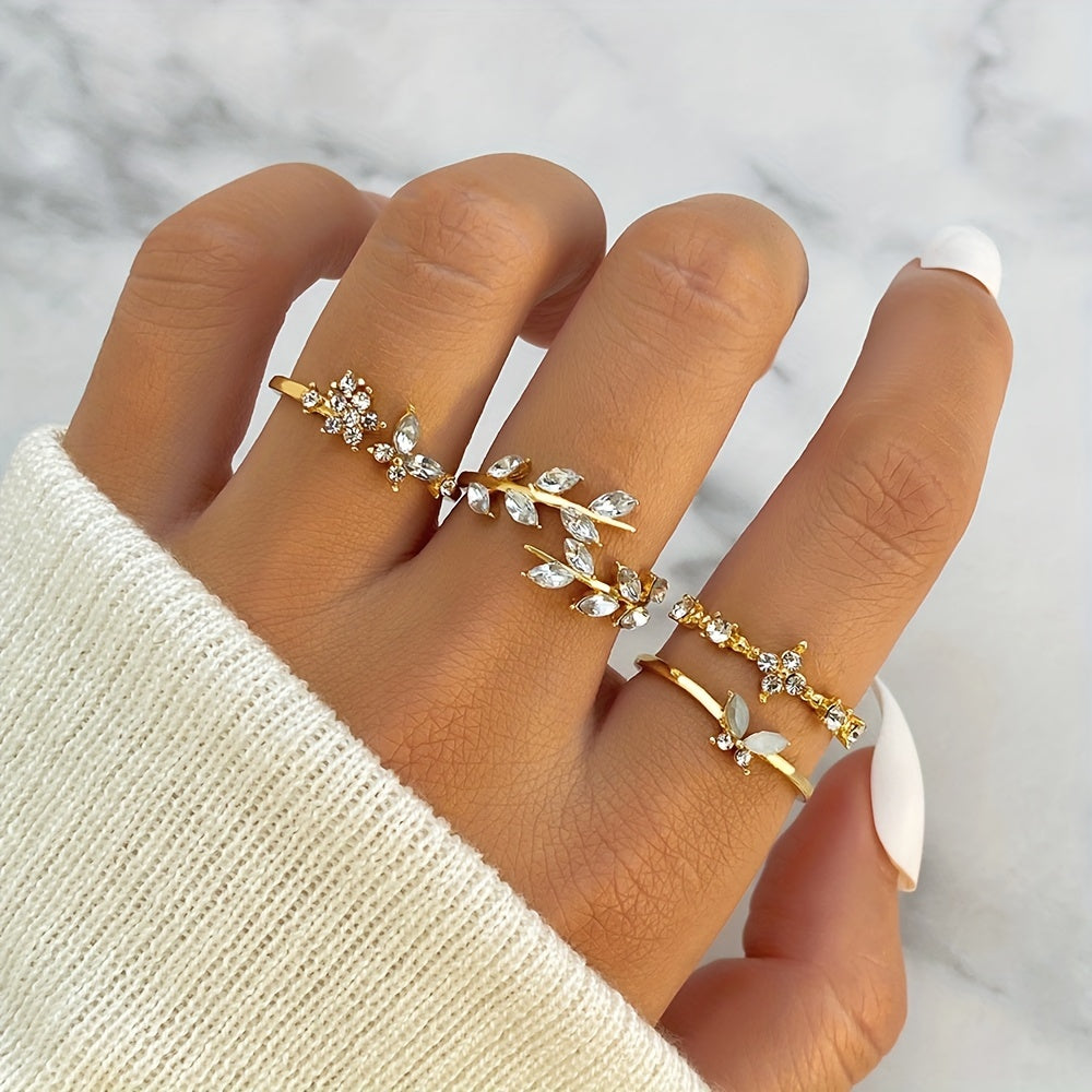 4pcs Stylish Stacking Rings Sparkling Leaf/ Butterfly/ Flower Design Inlaid Gemstone Match Daily Outfits Party Accessories