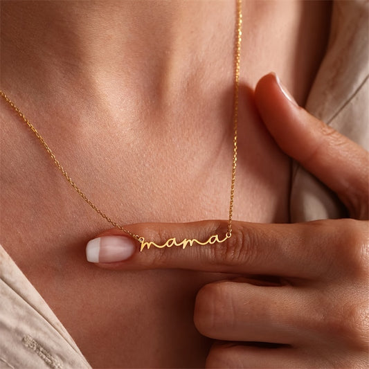 Mini "Mama" Necklace for Women - Golden-Tone Cursive Script Collarbone Chain, Minimalist Everyday Jewelry, Mother's Day Birthday Gift for Mom, Year-Round Wear, Mothers Day Necklace, Elegant Accessory, Delicate Design