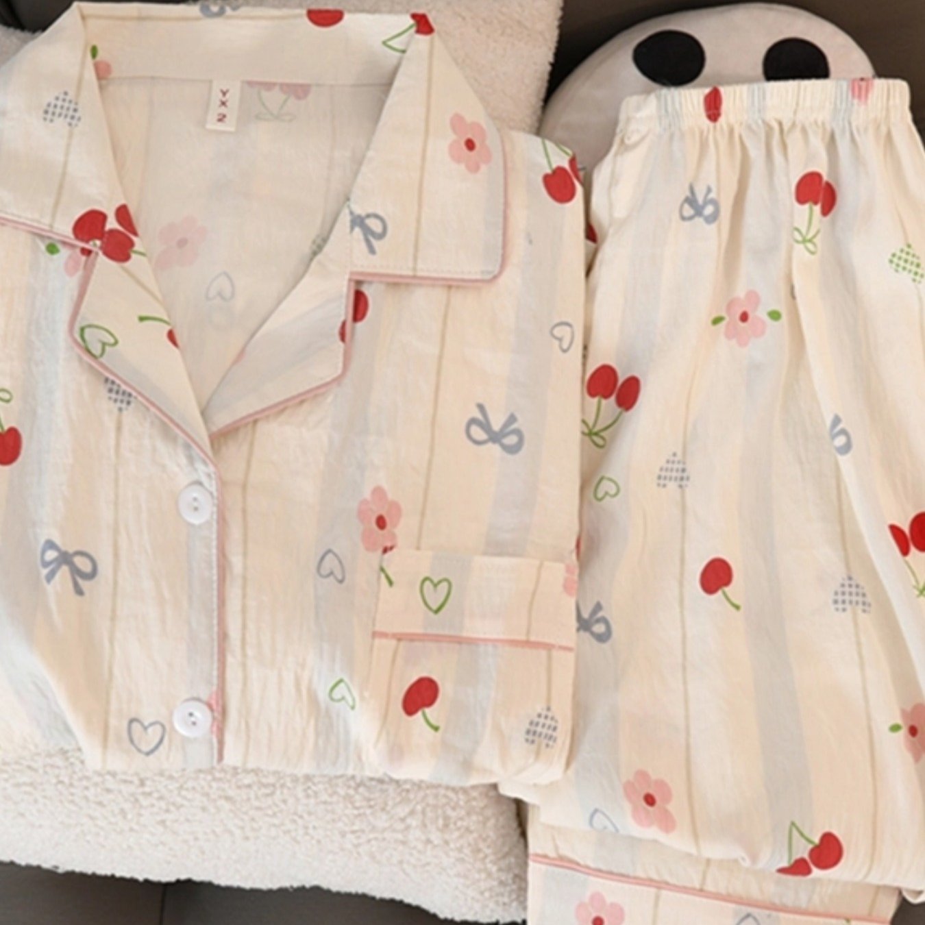Cute Cherry Flower Bow Tie Print 2pcs Women's Pajamas Set Button Lapel Neck Design Women's Sleepwear New Cartoon Kawaii Homewear