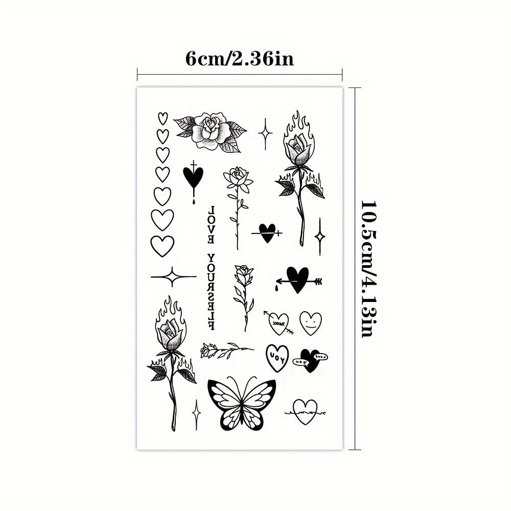 Finger Tattoo Waterproof Temporary Tattoo Sticker Rose Flower Flame Thorn Love Arrow Butterfly Cute Text Totem Body Art Arm Fake Tattoos for Women Men Neck Wrist