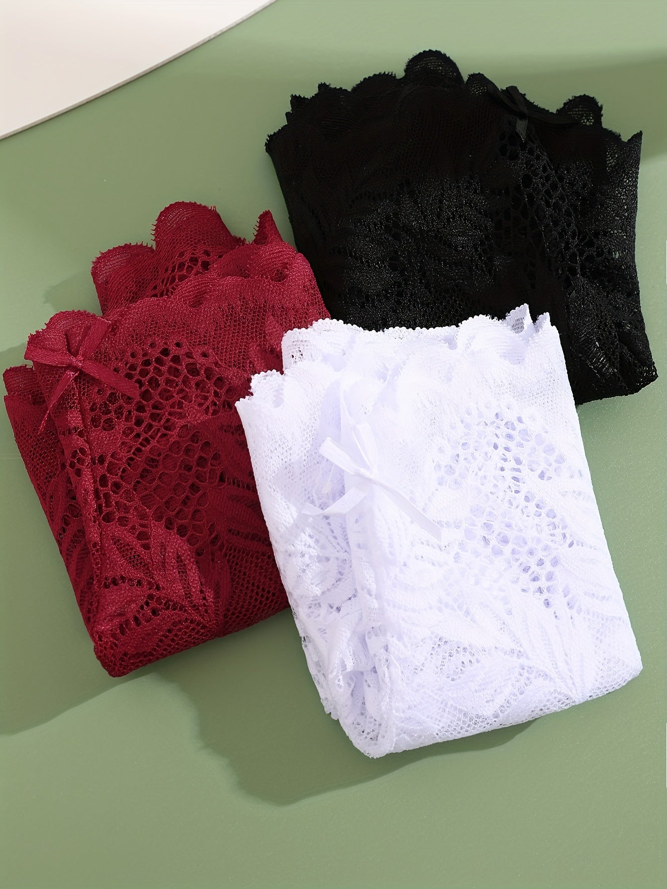 3pcs FINETOO Women's Sexy Low-Rise Lace Boyshort Panties - Breathable, Stretchy Nylon Blend with Floral Pattern, Scalloped Trim in Black, White, & Pinkish-Beige