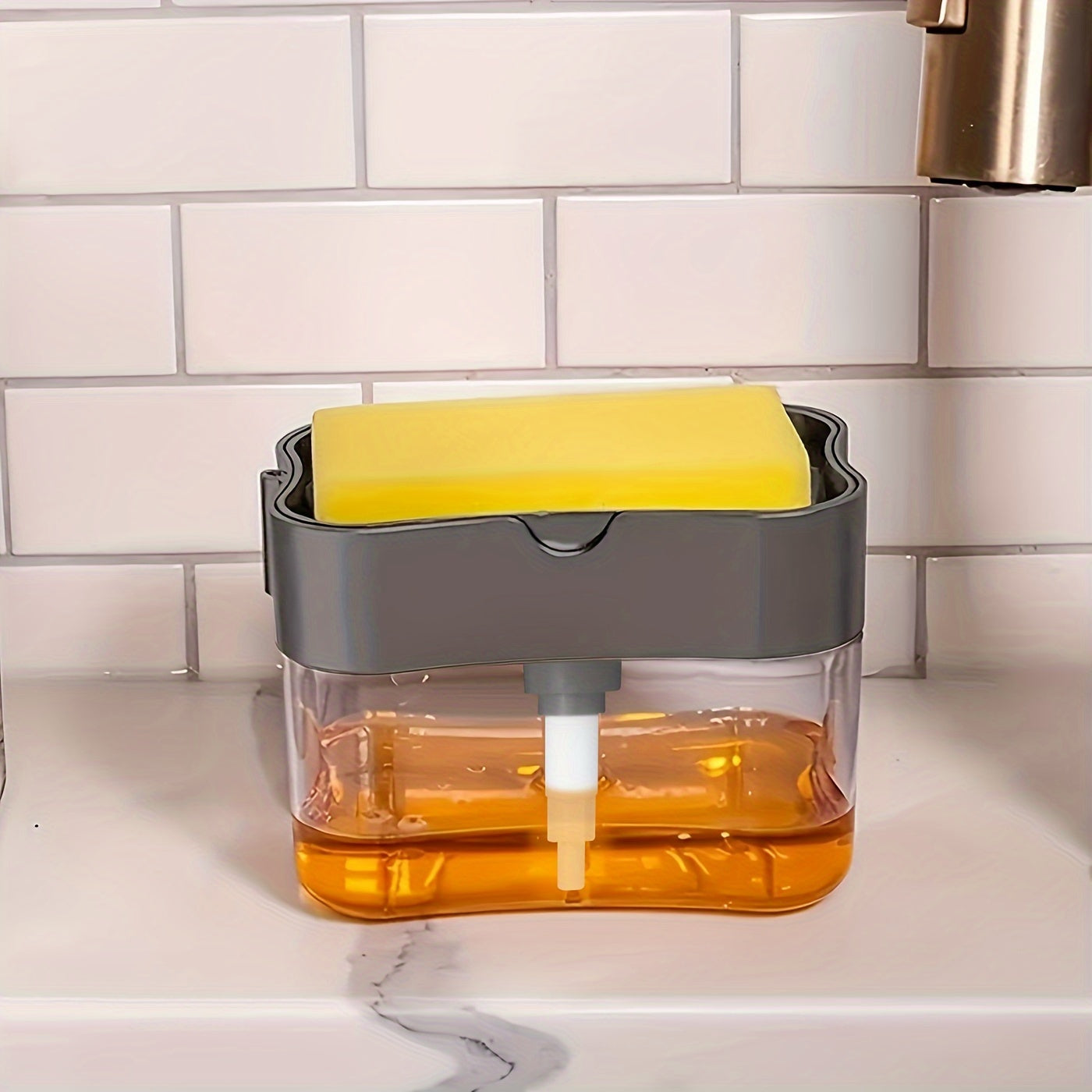 Modern Plastic Dish Soap Dispenser with Sponge Holder, Lightweight Square Kitchen Sink Accessory, Space-Themed Solid Colour Design, Hand Wash Only