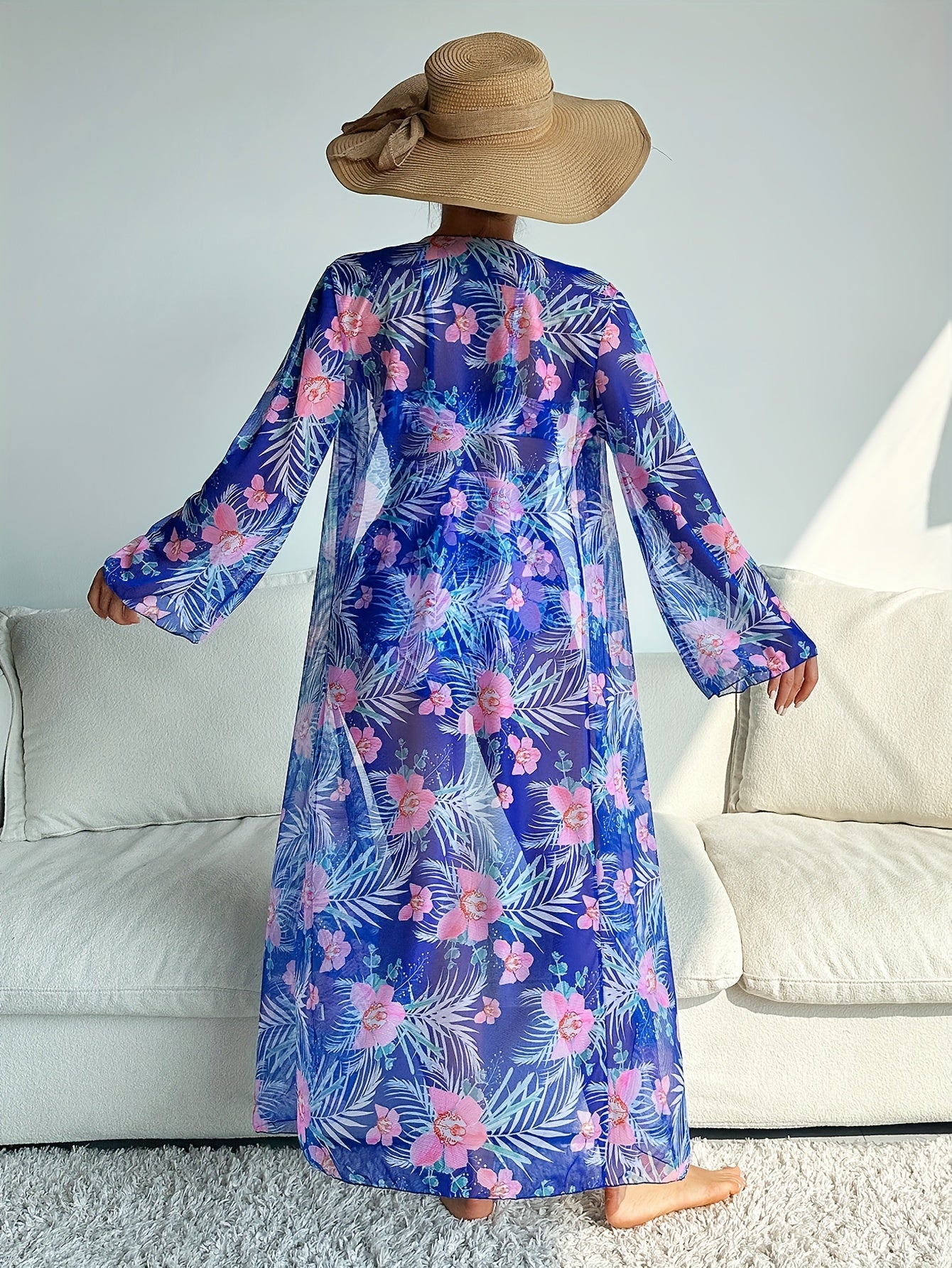 3 Piece Set Stretchy Floral Print Long Sleeve V Neck Tie Back Swimsuits - High Stretch Polyester Bikini Set with Kimono Cover Up - Perfect for Swimming and Beach Activities
