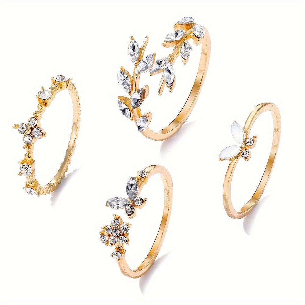 4pcs Stylish Stacking Rings Sparkling Leaf/ Butterfly/ Flower Design Inlaid Gemstone Match Daily Outfits Party Accessories