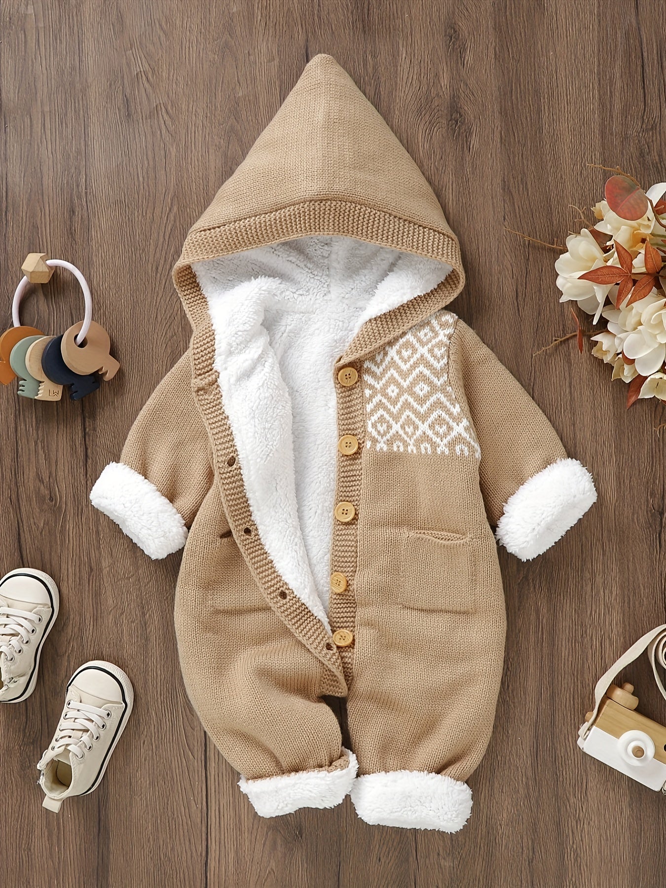 [Knit | Jumpsuit] Long Sleeve Hooded Newborn Boys And Girls Knitted Jumpsuit With Pants