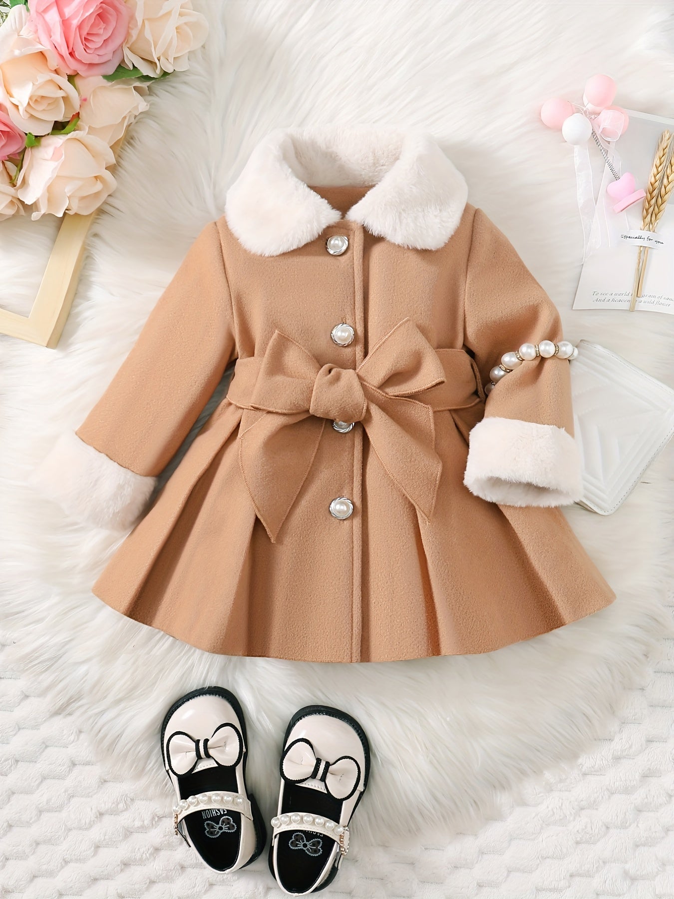 Fashionable And Versatile Coat for Baby Girls in Autumn And Winter, a Perfect Mother'S Day Gift. Adorable Plush Coat with a Bow And Collar, Designed for a Sweet Princess Look. Soft And Comfortable Outerwear to Keep Baby Warm