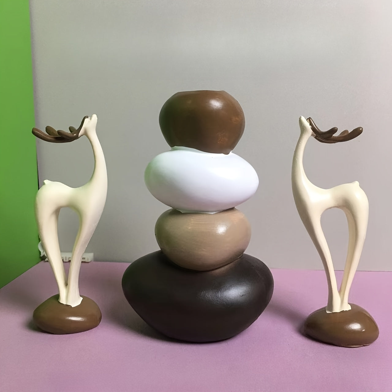 [Creative Stacked Stone Vase] 3pcs Creative Stacked Stone Vase and Deer Figurine Set | Resin Ornaments for Living Room, Bedroom, Office Desk, Bookshelf – Unique Christmas Gifts for Family & Friends