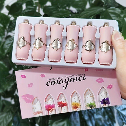6-Piece Set of emaymei Vibrant Transparent Jelly Change Lipsticks - Featuring Crystal Golden Foil, Delicate Flower Petals, Shimmering Pink Hues, and Long-Lasting Moisturizing Formula for a Perfect Pout