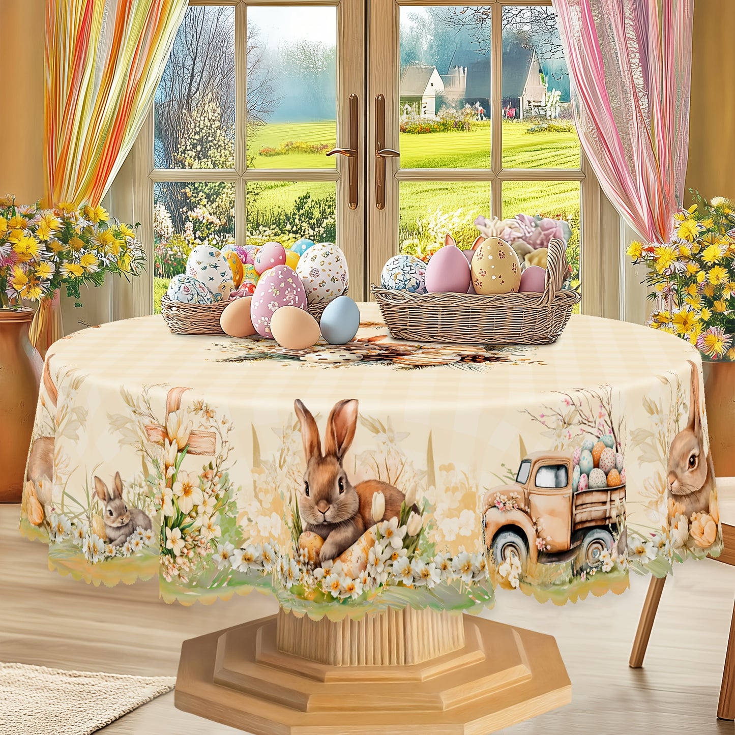 Durable Polyester Easter And Spring Themed Tablecloths, Tablecloths - Featuring Rabbit, Easter Egg, Flower, Cross, And Truck Patterns, Available in 5 Sizes - Round And Rectangular Tablecloths with Embossed Edges, Perfect for