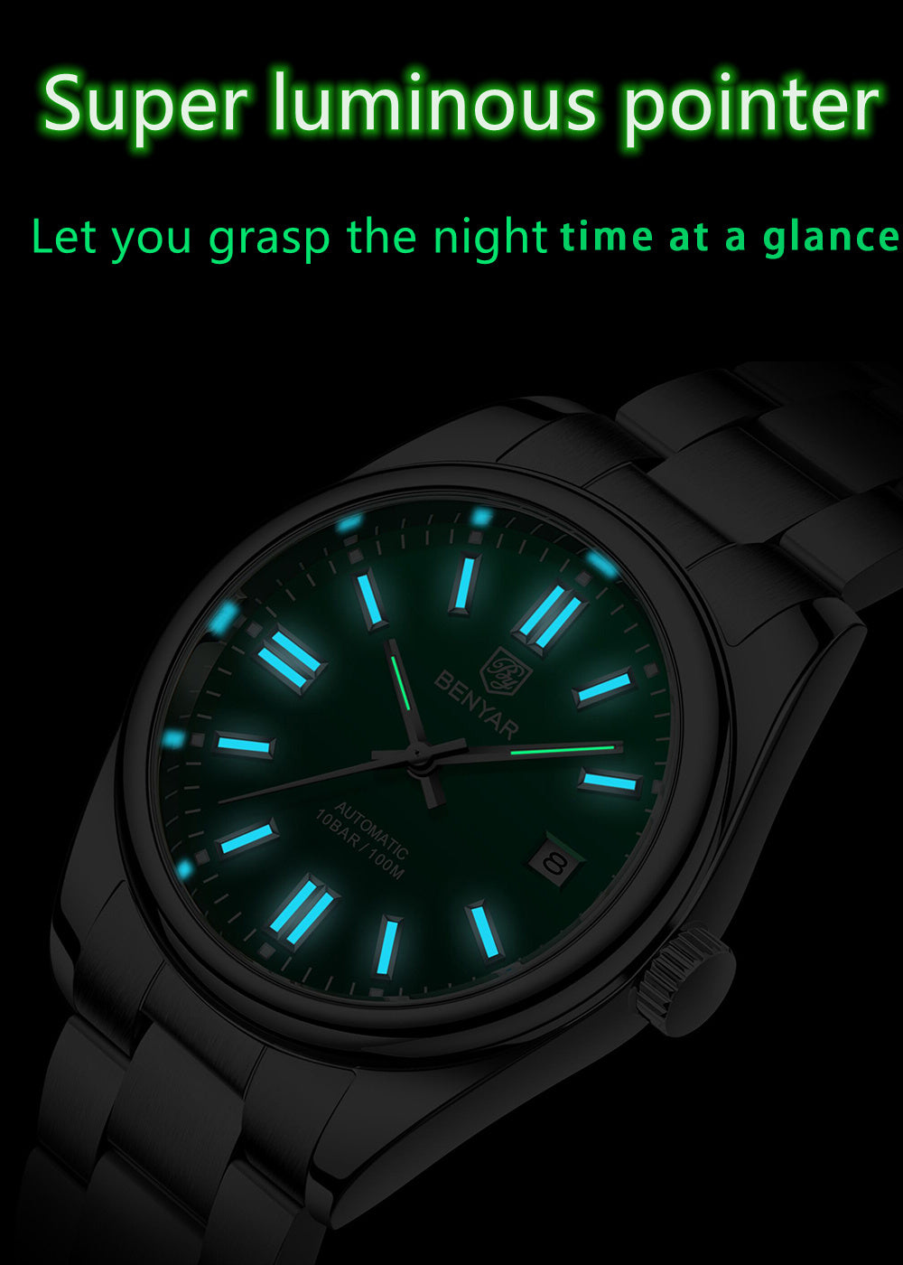 1pc Waterproof Stainless Steel BENYAR Men's Mechanical Sports Diving Wristwatches for Men