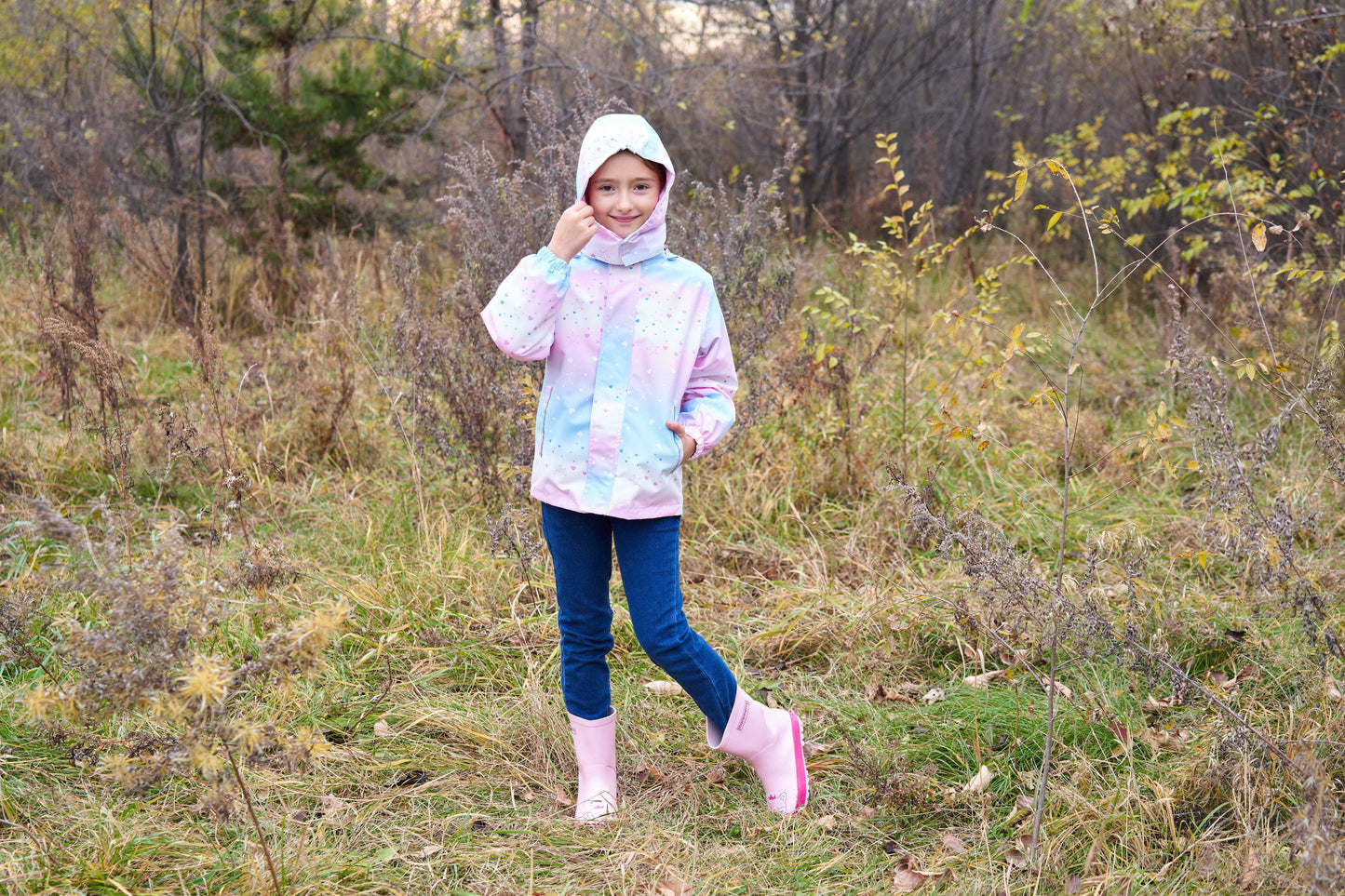 Girls' Gradient Color Hooded Jacket - Lightweight Windproof Winter Coat with Removable Hood, Zipper Closure & Animal Print Design for Casual Outings & Outdoor Play, Hooded Coat, Playful Design