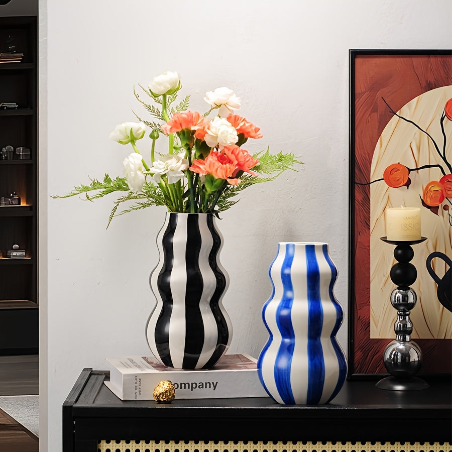 1pc Modern Ceramic Striped Vase – Elegant Cylindrical Design in Blue, Green, Red & White Stripes, Perfect for Hydroponic Plant Arrangements in Living Room, Balcony, or Home Decor, Living Room Accent | Modern Ceramic Vase |