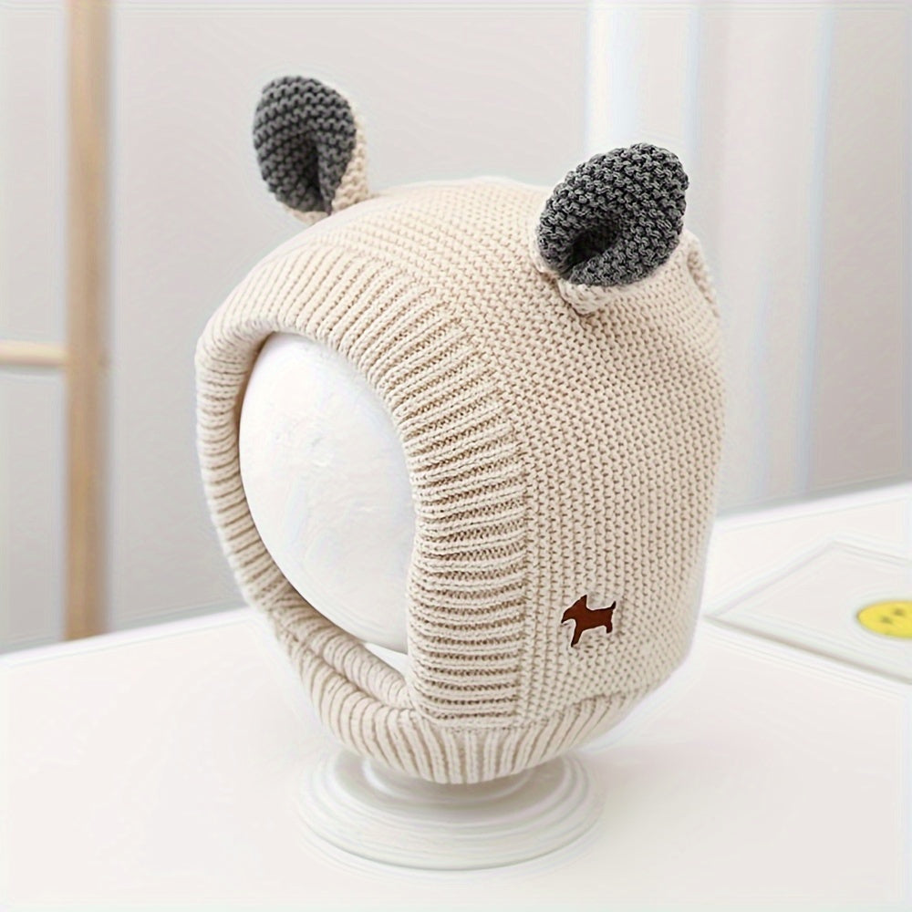 1pc Children's Knit Hat, Warmer Pullover Cap With Cute Ear Fleece Lined For Baby Boys & Girls In Autumn Winter