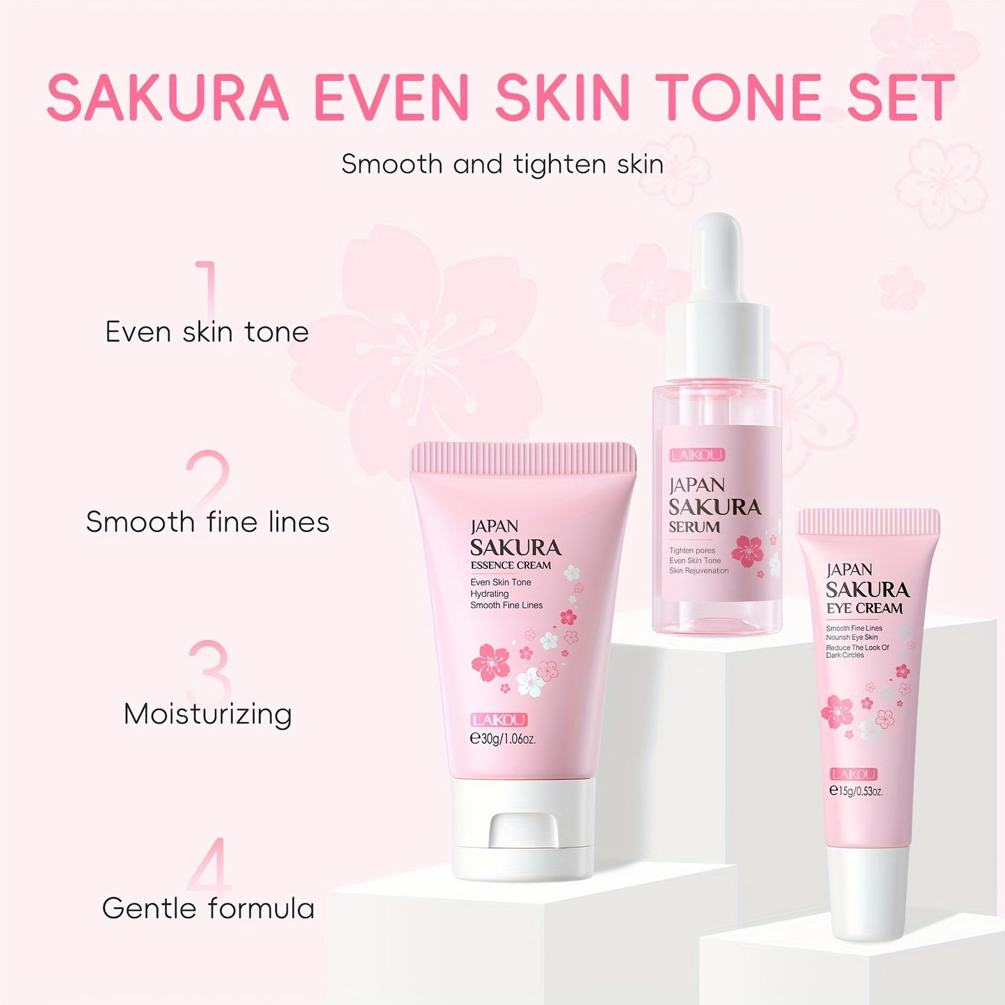 3-Piece LAIKOU Sakura Skin Care Set - Rejuvenating, Moisturizing, and Firming for Radiant Skin - Includes 17ml Serum, 30g Face Cream, and 15g Eye Cream