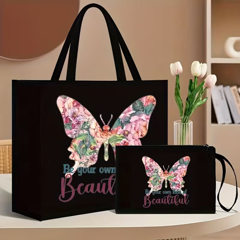 2pcs Floral and Butterfly Print Tote Bag Set with Matching Wallet