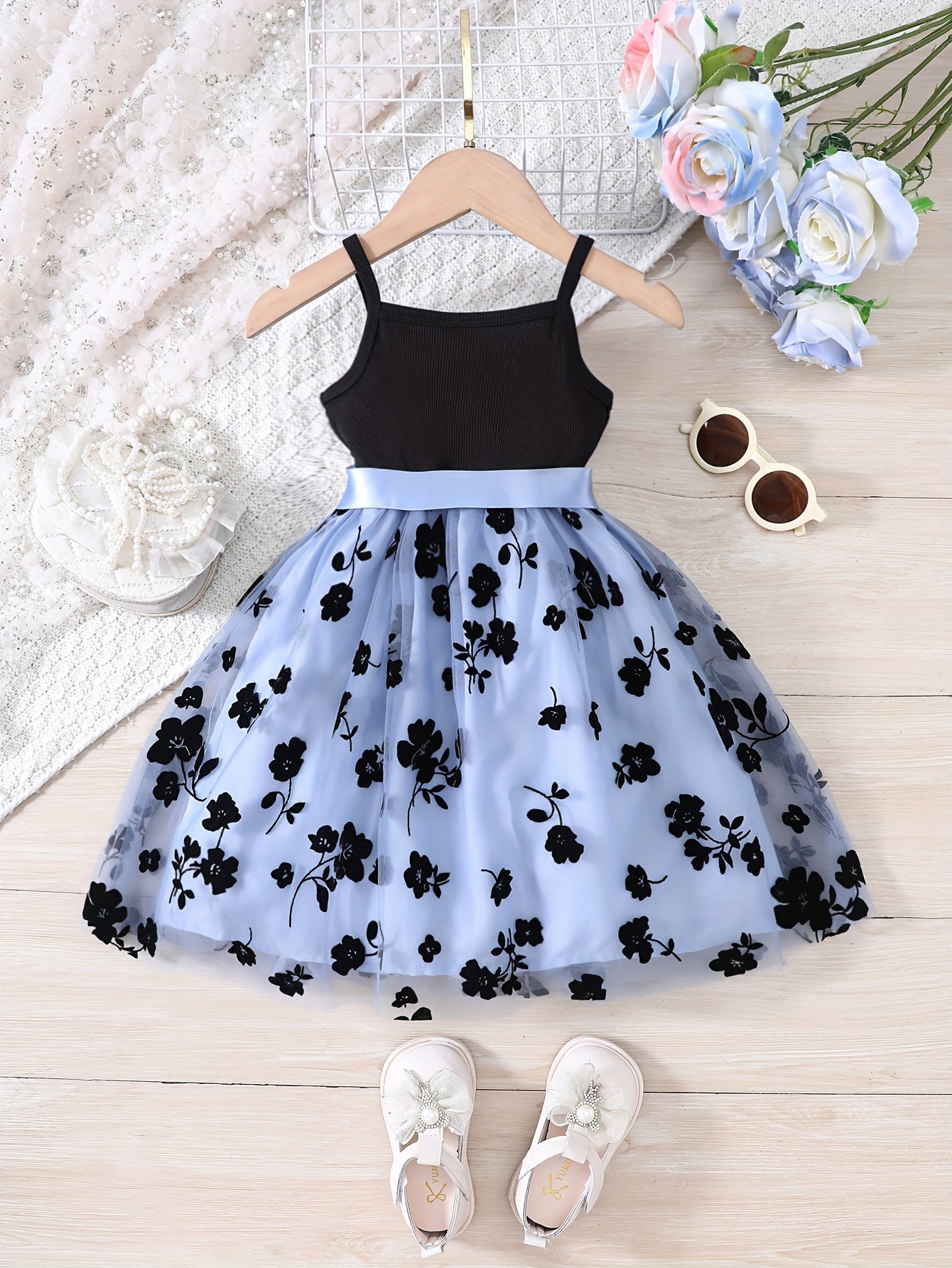 Splicing Flower Graphic Cami Tutu Dress Girls Summer Clothes Party Gift