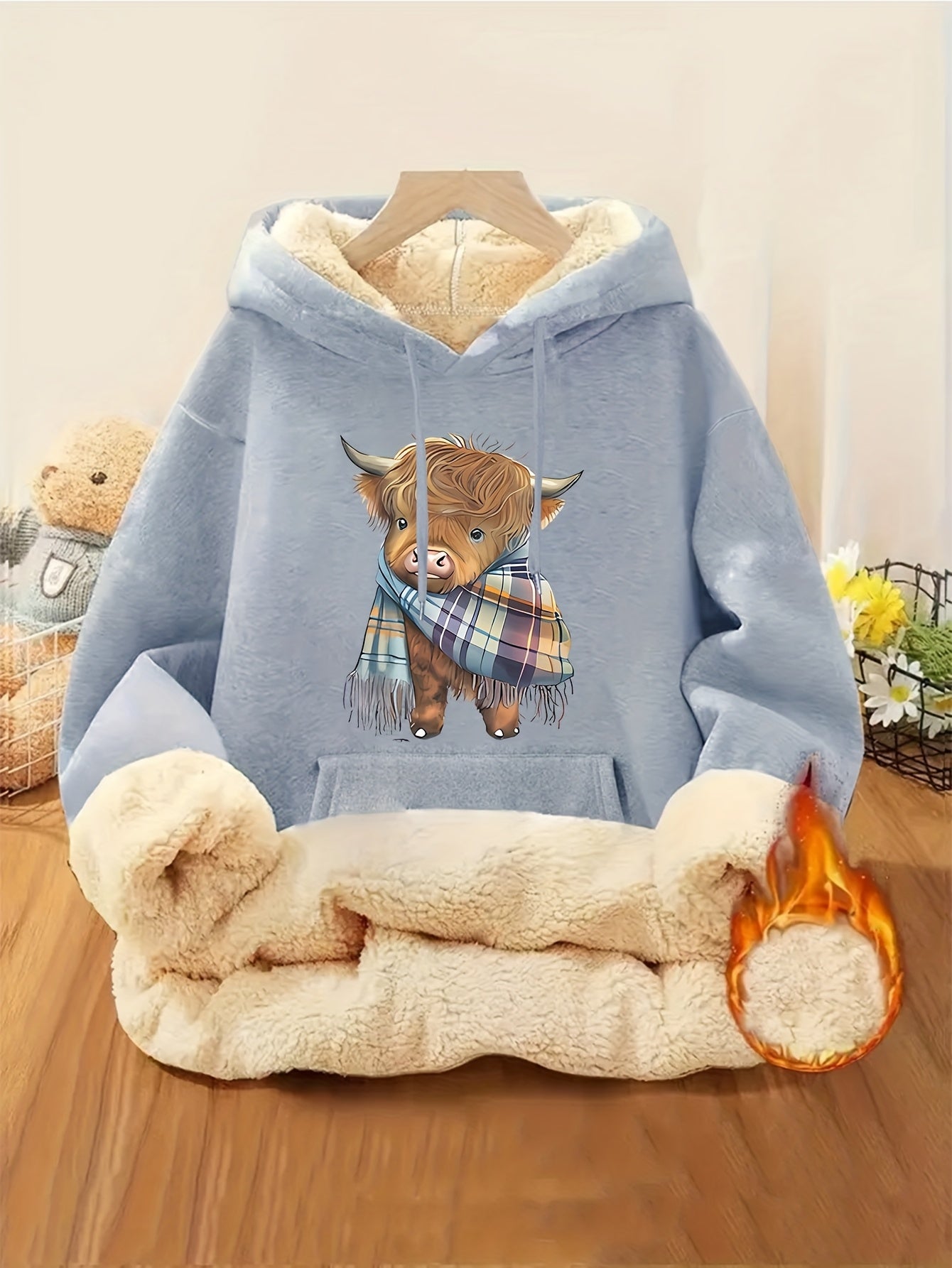 Women's Highland Cow Print Fleece Hooded Sweater - Thickened Winter Warmth, Cozy Plush Lining, Casual Retro Pullover with Pocket, Pink Scottish Cow Design, Sizes XS-XXL (Machine Washable) for Spring, Fall & Winter Layering