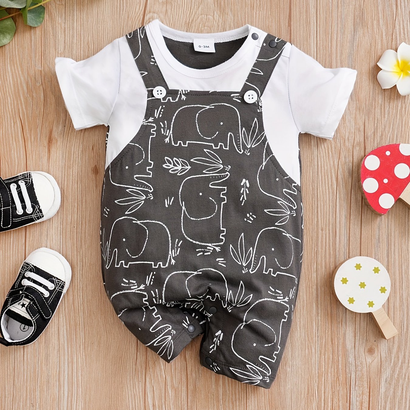 Baby Boy's Cute Elephant Print Short Sleeve Romper, Newborn's Clothes