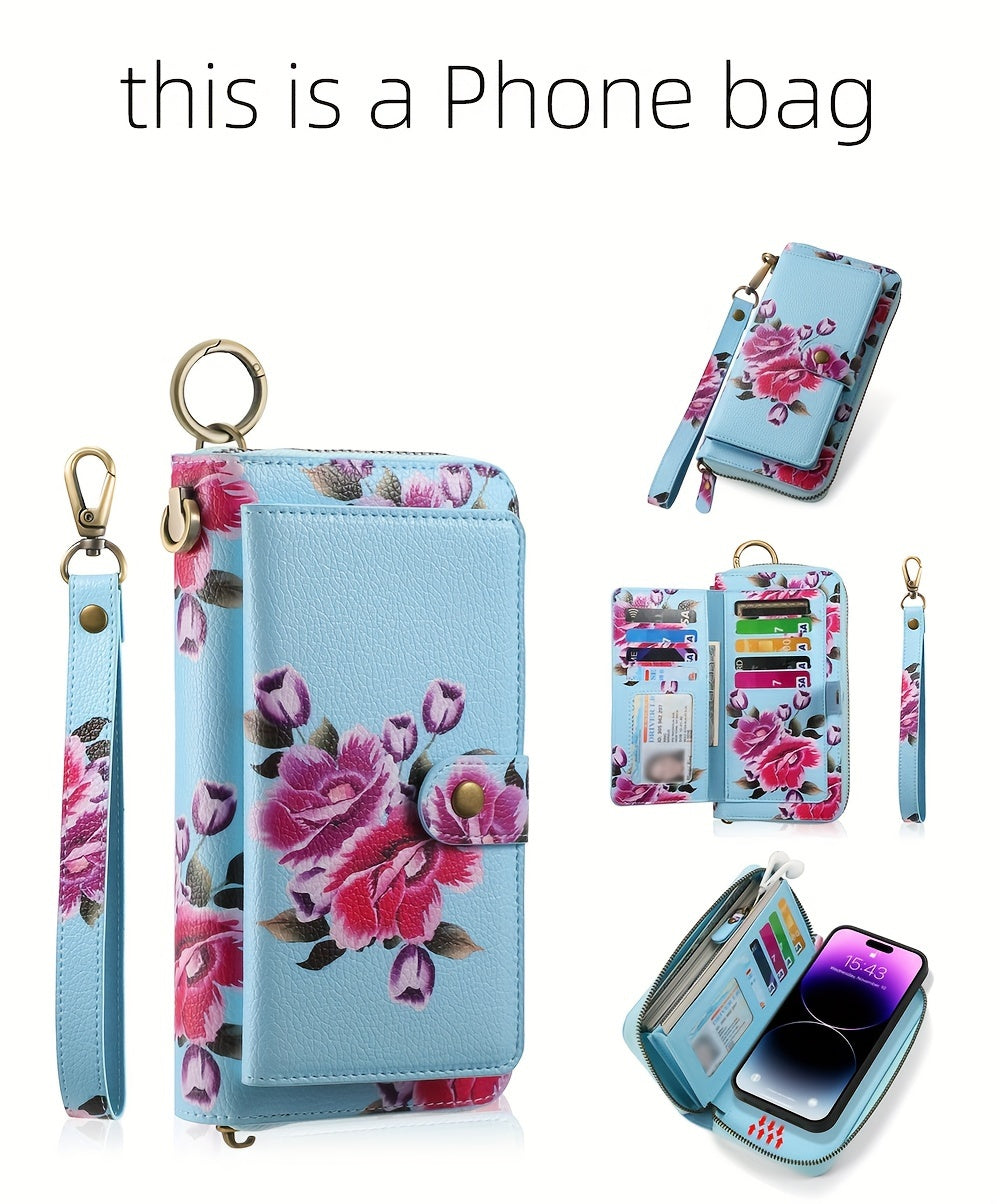 Flower Pattern PU Leather Zipper Handbag Fashion Large Capacity Long Wallet Clutch Bag Phone Bag Multi-card Card Holder Coin Purse Wallet