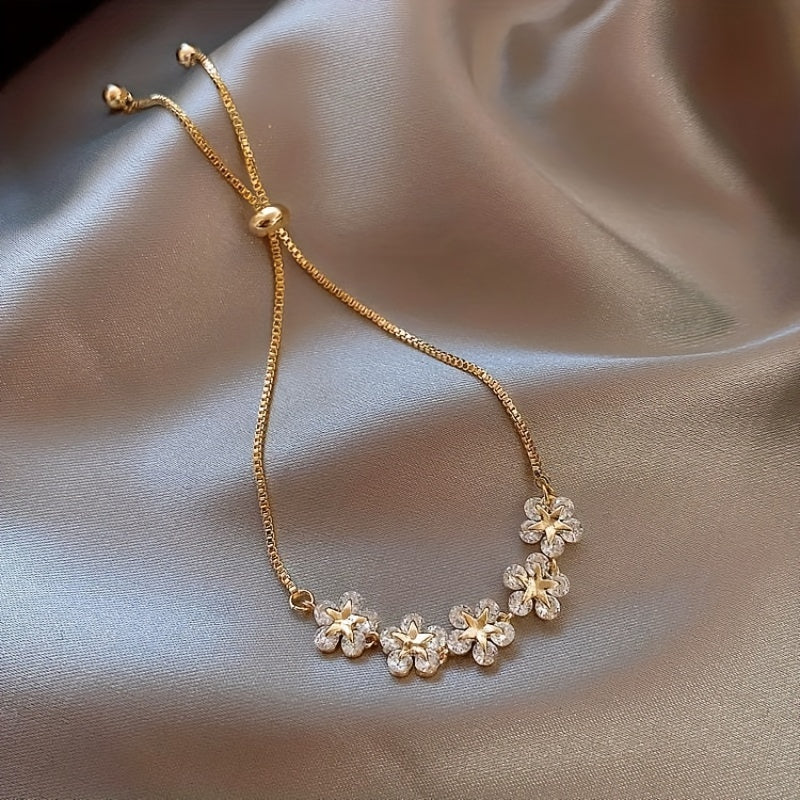 Adjustable Flower Beaded Chain Bracelet Inlaid Shiny Zircon 14K Plated Copper Hand Jewelry Decor For Women & Girls