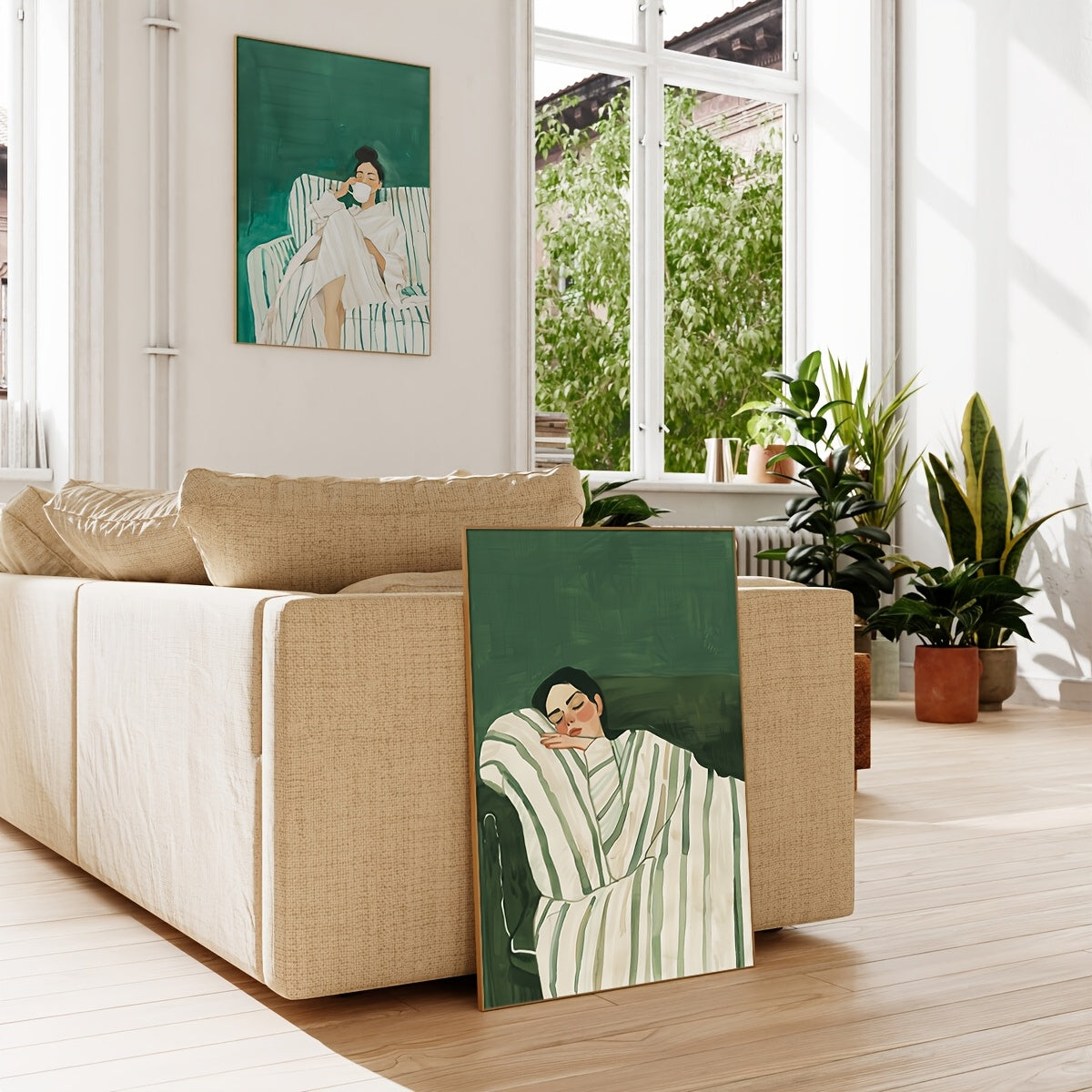 A Set of 2 Abstract Character Wall Art Prints, Featuring a Jade Green Striped Woman Canvas Poster, Minimalist Large Art Wall Decor, Coffee Lover Prints, Spring Decorations for Living Rooms, Bedrooms, Cafes, Bars, Offices, Hal
