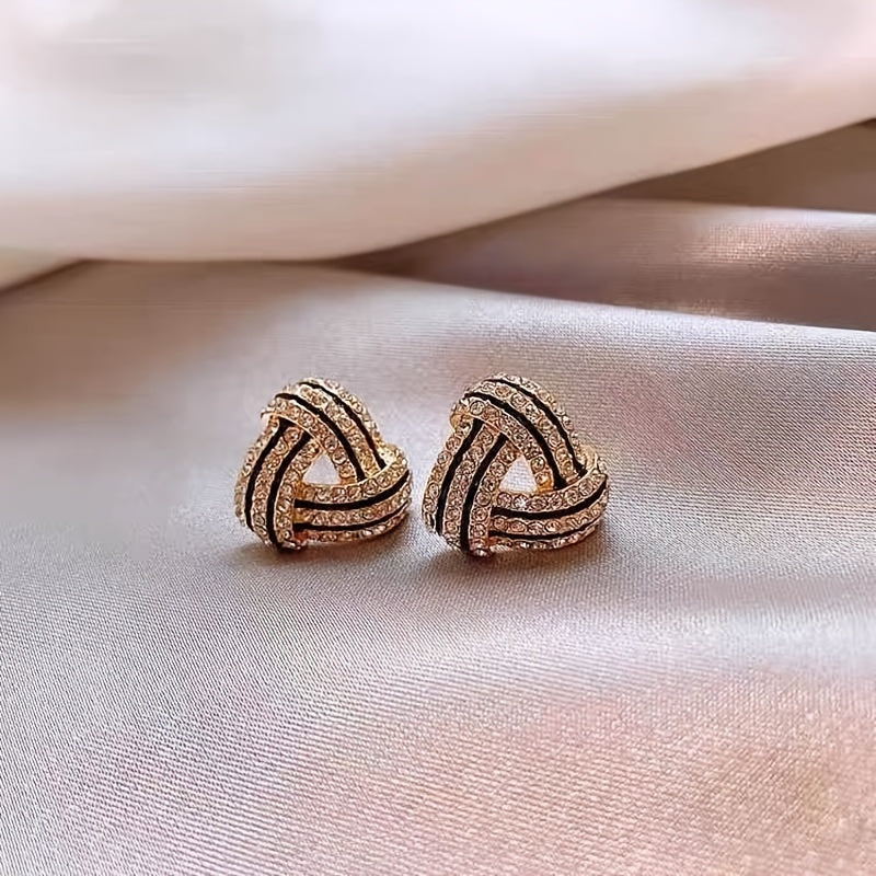 Women's Luxury Rhinestones Geometric Stud Earrings - Vintage Spiral Design, Zinc Alloy with Stainless Steel Ear Needle - All Season Daily Wear | Trendy Triangle Charm | Rhinestone Mosaic