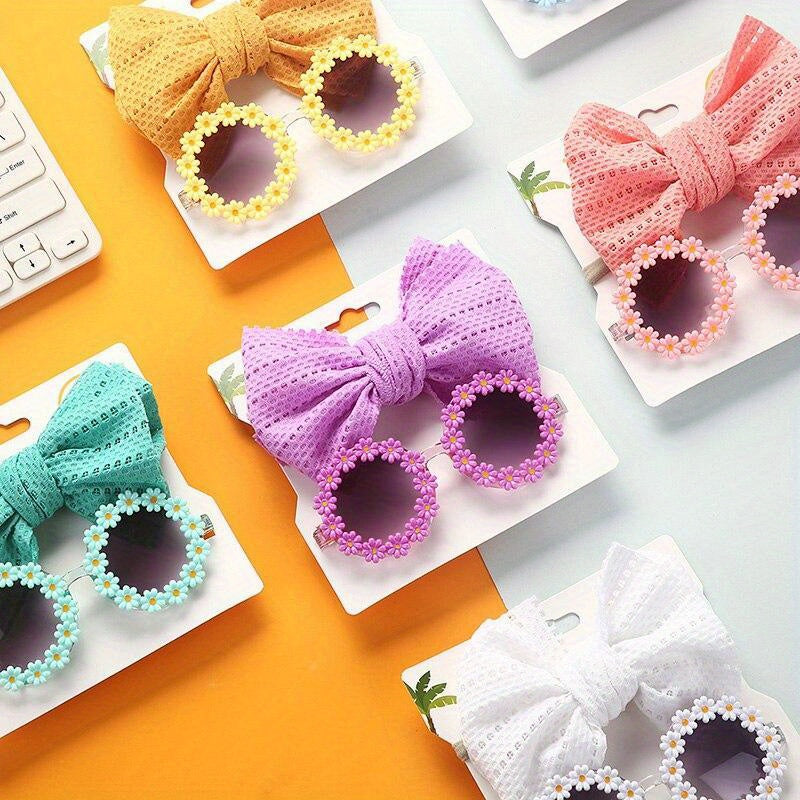 Cute Outdoor Beach Baby Girl Gift Set - 2 Pieces Butterfly Tie Hair Band & Round Flower Fashion Glasses!