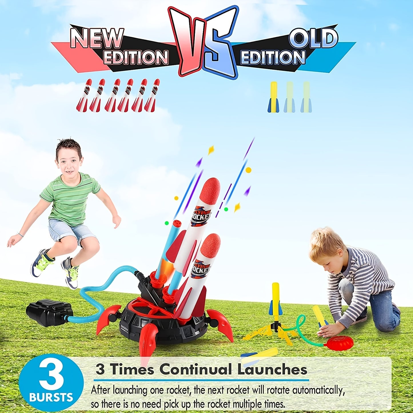 Kids Toy Rocket Launcher, Upgrade 3 Jumper Launcher Design, Jumping Rocket Launcher With 6 Foam Rockets, Fun Outdoor Toys For Boys Girls, Gift Toys For Boys Girls Over 6 Years Old