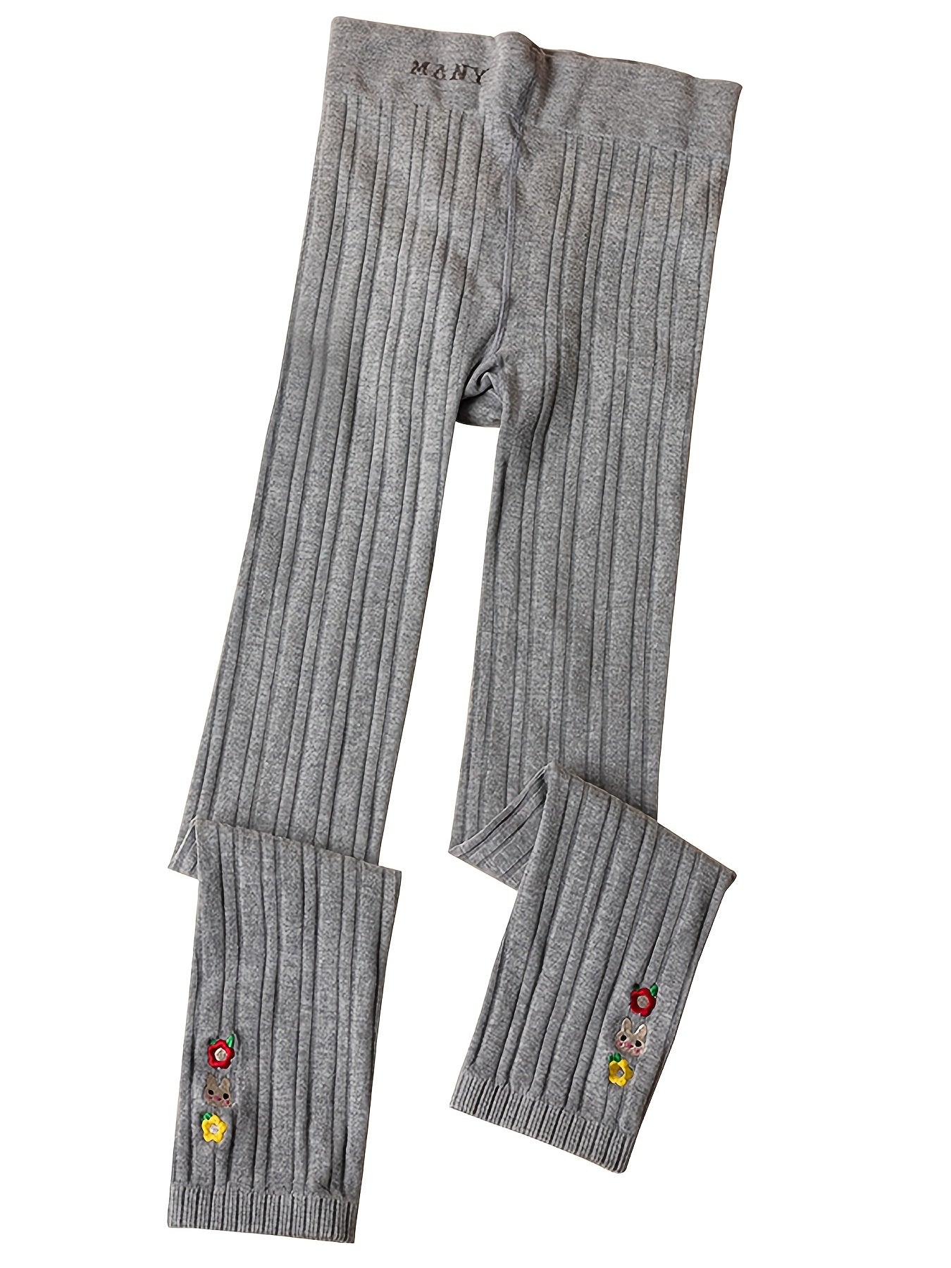 Kids' Base Pants, Girls' Spring/Autumn Vertical Stripe Slim Fit Knit Socks Embroidered Casual 9/10 Pants