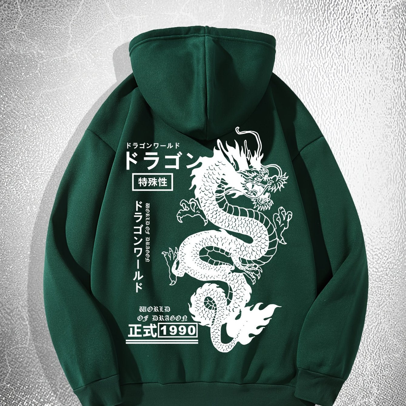 [Dragon Print Hoodie] White Polyester Dragon Print Hoodie - Casual & Trendy, Long Sleeves, Drawstring Hood - Streetwear Style