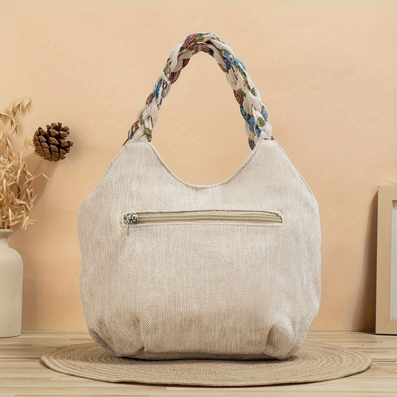 Foldable Zipper Closure Bohemian Style Handmade Flower Tote Bag - Fixed Shoulder Strap, with Wristlet, for Vacation