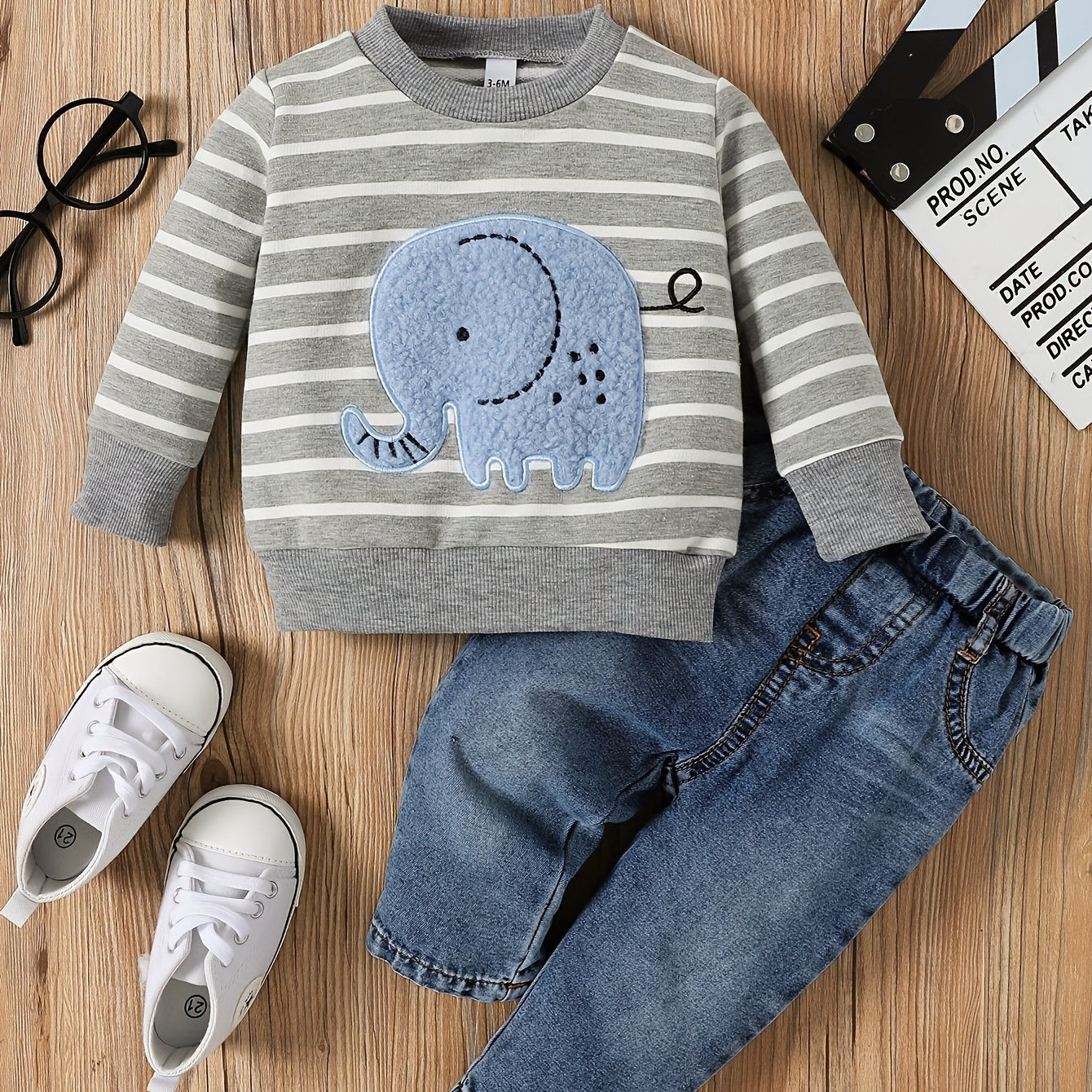 2pcs Infant Baby Boy Cute Striped Elephant Pattern Long Sleeve Top & Denim Trousers Outdoor Set For Spring And Autumn