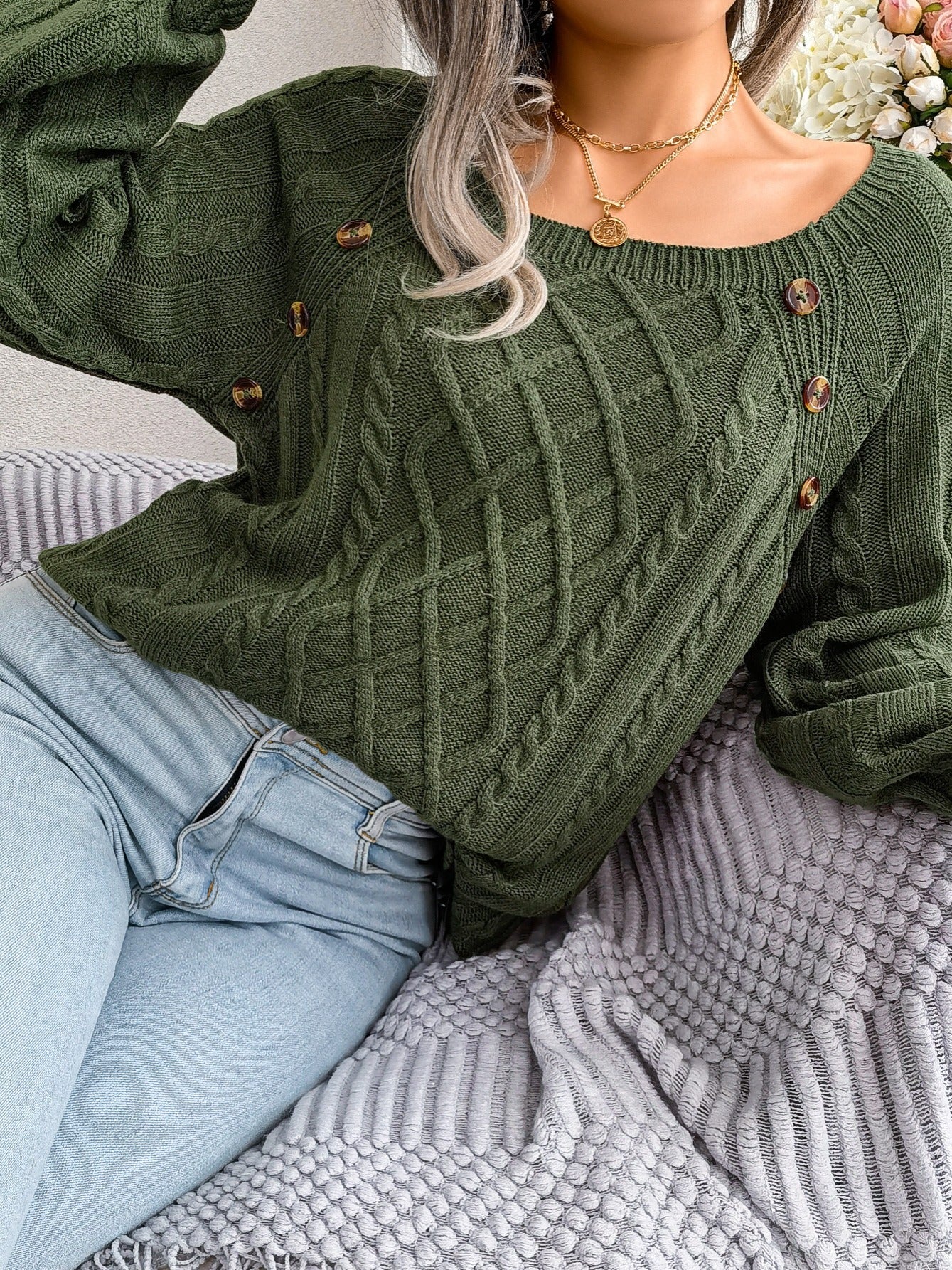 Autumn/Winter European and American Casual Solid Color Square Neck Button Twist Long Sleeve Pullover Sweater