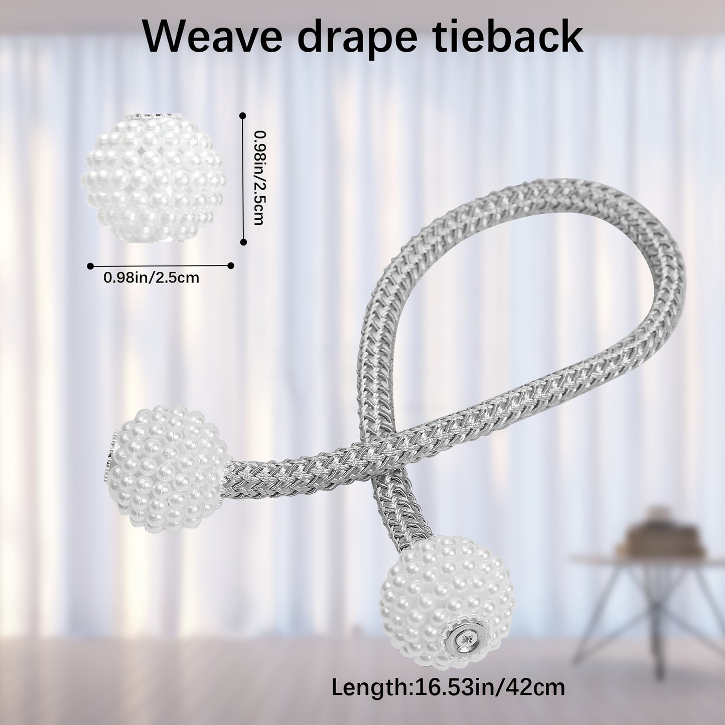 2pcs Elegant Magnetic Curtain Tiebacks - Contemporary Polyester Rope Holdbacks with Pearl-Like Beads, Decorative Window Drapery Ties for Home & Office Decor, Stylish Curtain Tieback|Contemporary Design|Bead Detailing