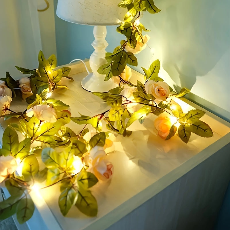 20 LED Champagne Rose Garland String Lights, 2m Floral Vine with Switch Control, Battery Powered, Plastic, Christmas Decorative Flower Theme, No Battery Included