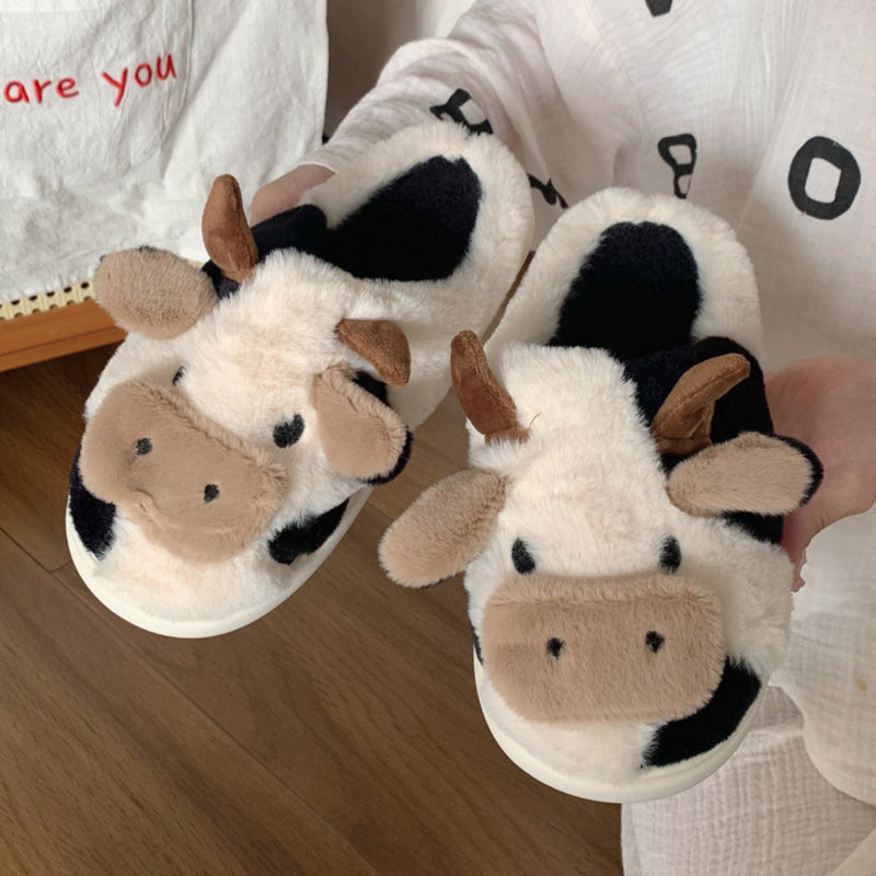 Cute Milk Cow Slippers | Women and Men Fuzzy Slippers, 2022 Winter Plush Platform Slides, Indoor Kawaii Shoes, Cartoon Style, Fabric Upper and Insole, TPU Sole