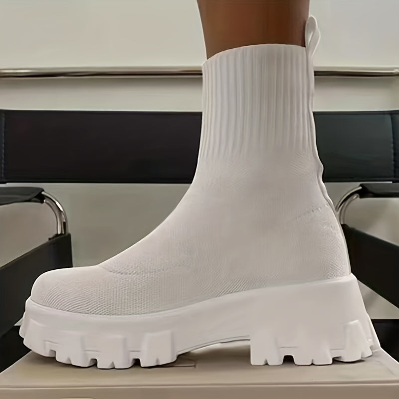 Women's Thick-soled Short Boots, Knitted Round Toe Shoes, Women Shoes